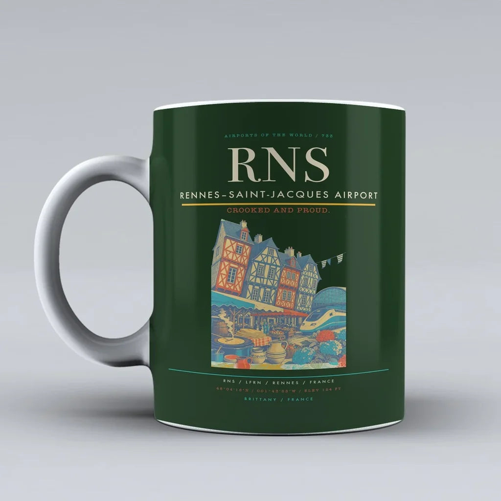Rennes–Saint-Jacques Airport (RNS) airport code design on dark green ceramic mug