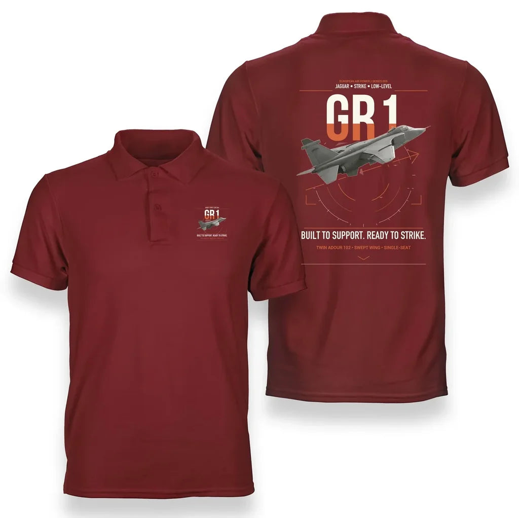 SEPECAT Jaguar GR1 design on red double-side polo t-shirt, double-side print
