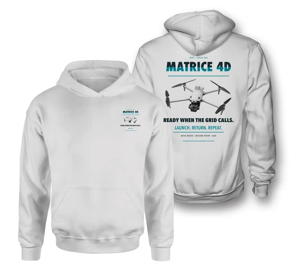 DJI Matrice 4D design on white hoodie