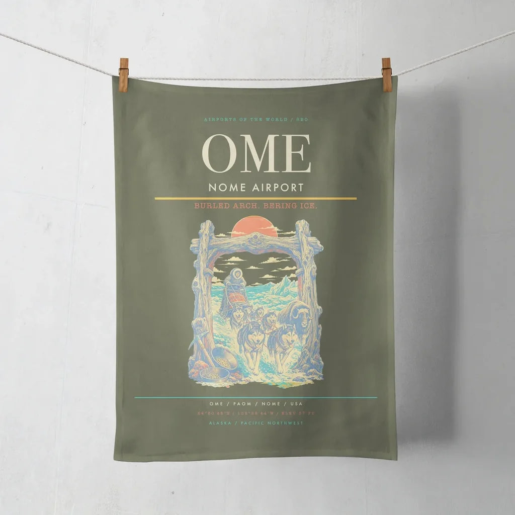 Nome Airport (OME) design on green army towel