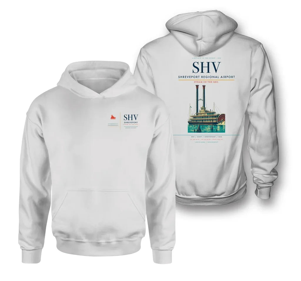 Shreveport Regional Airport (SHV) design on white double-side hoodie