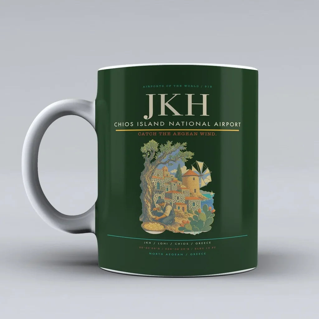 Chios Island National Airport (JKH) airport code design on dark green ceramic mug