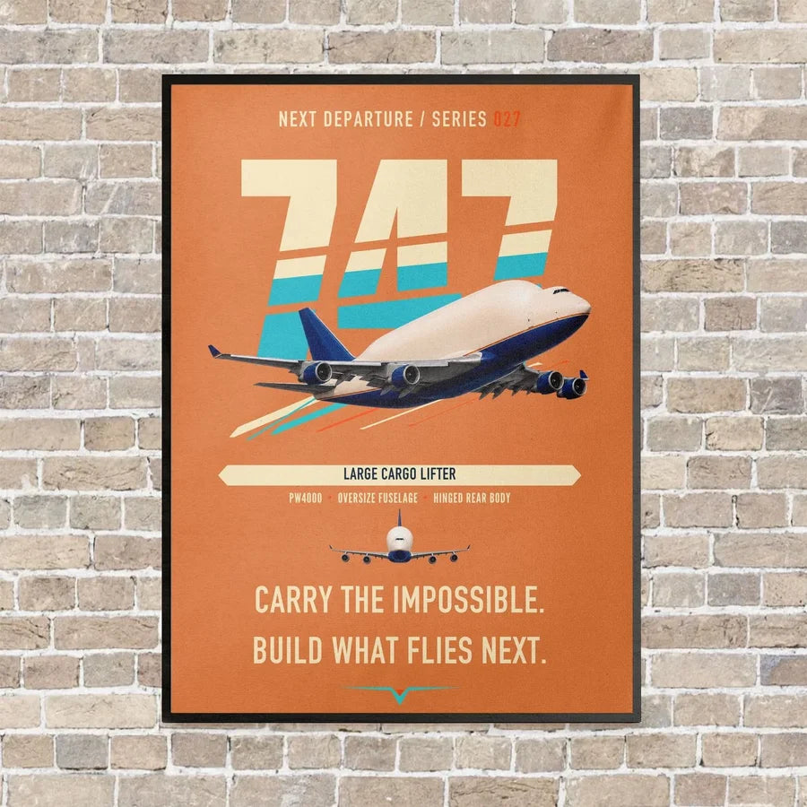 Boeing 747-400 Dreamlifter vertical canvas print - framed - orange background