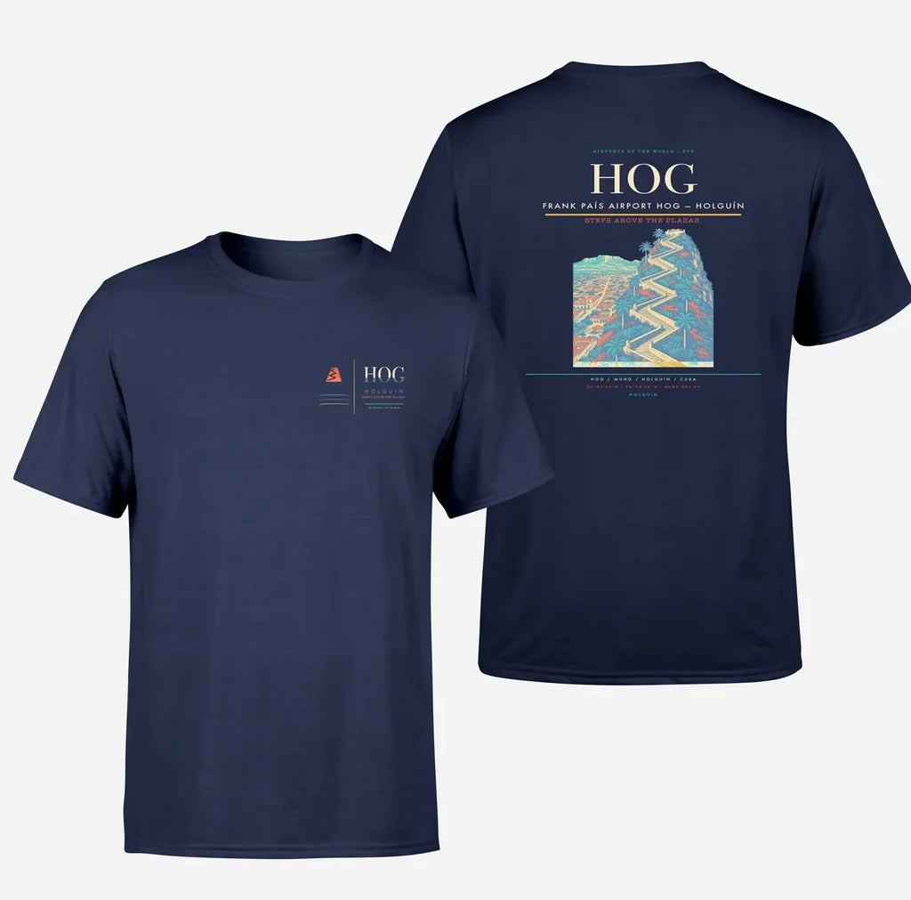 Frank País Airport (HOG) design printed on navy blue double-side t-shirt