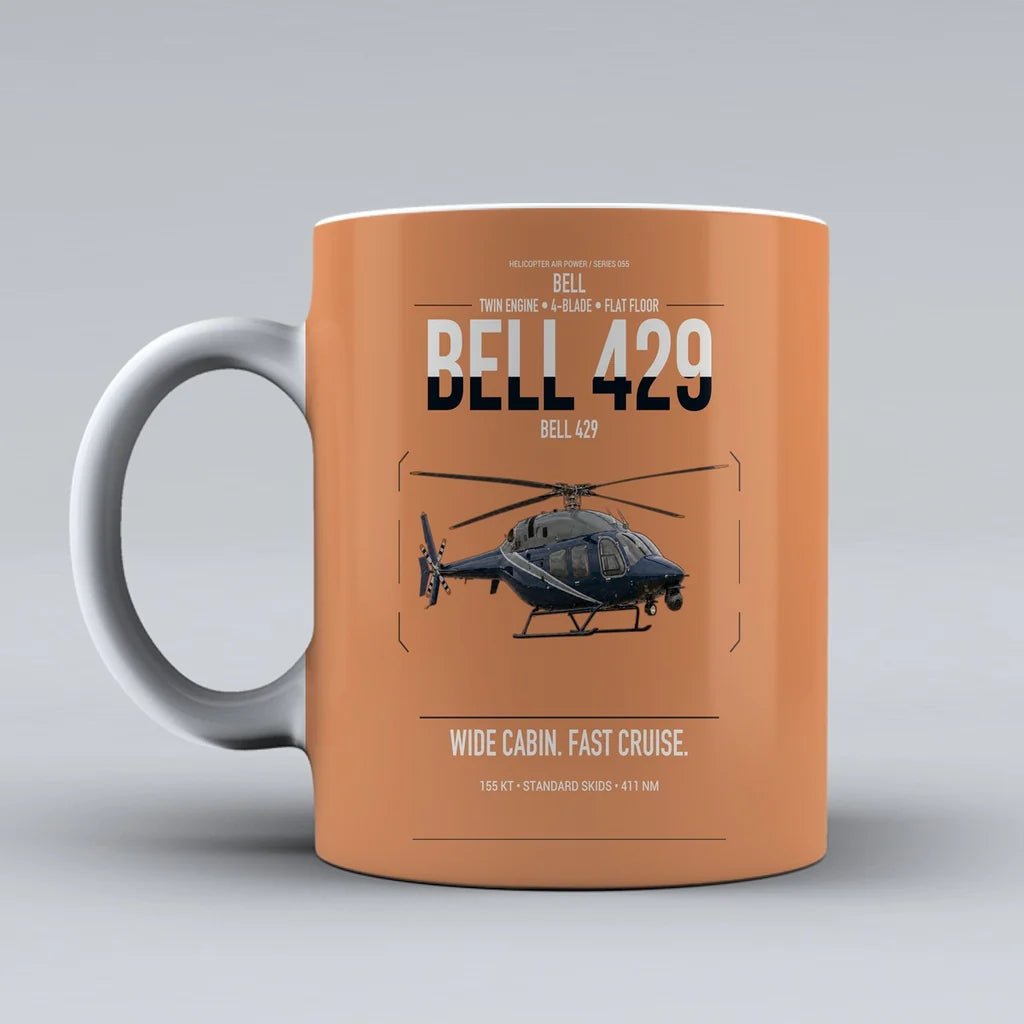 Bell 429 design on orange ceramic mug, double-side print