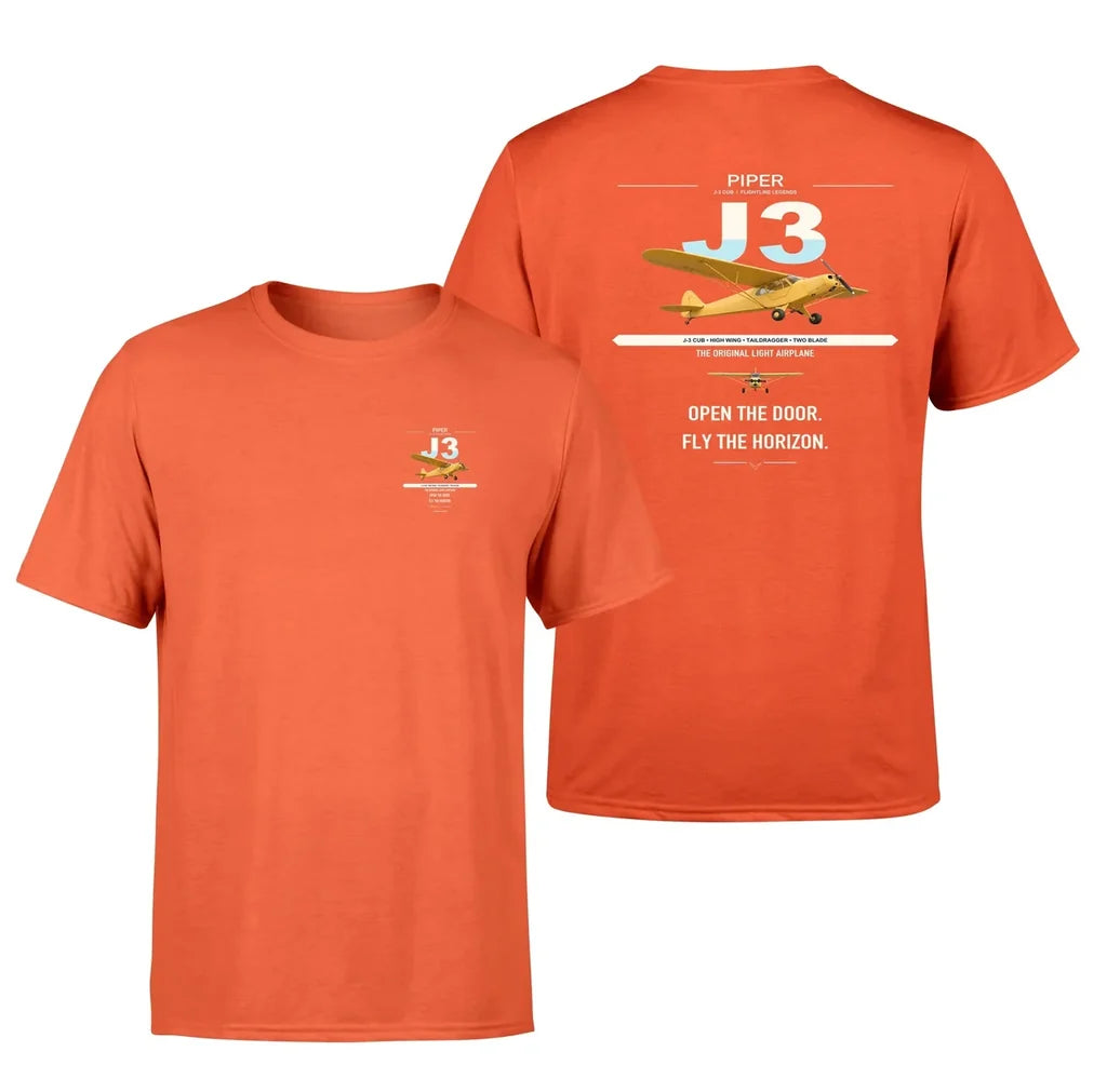 Piper J-3 Cub design on orange t-shirt, double-side print