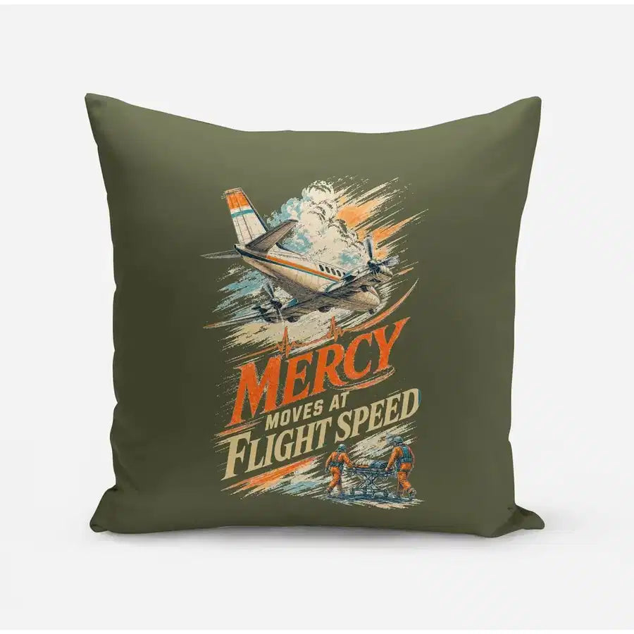 Mercy Moves At Flight Speed design on green army pillow