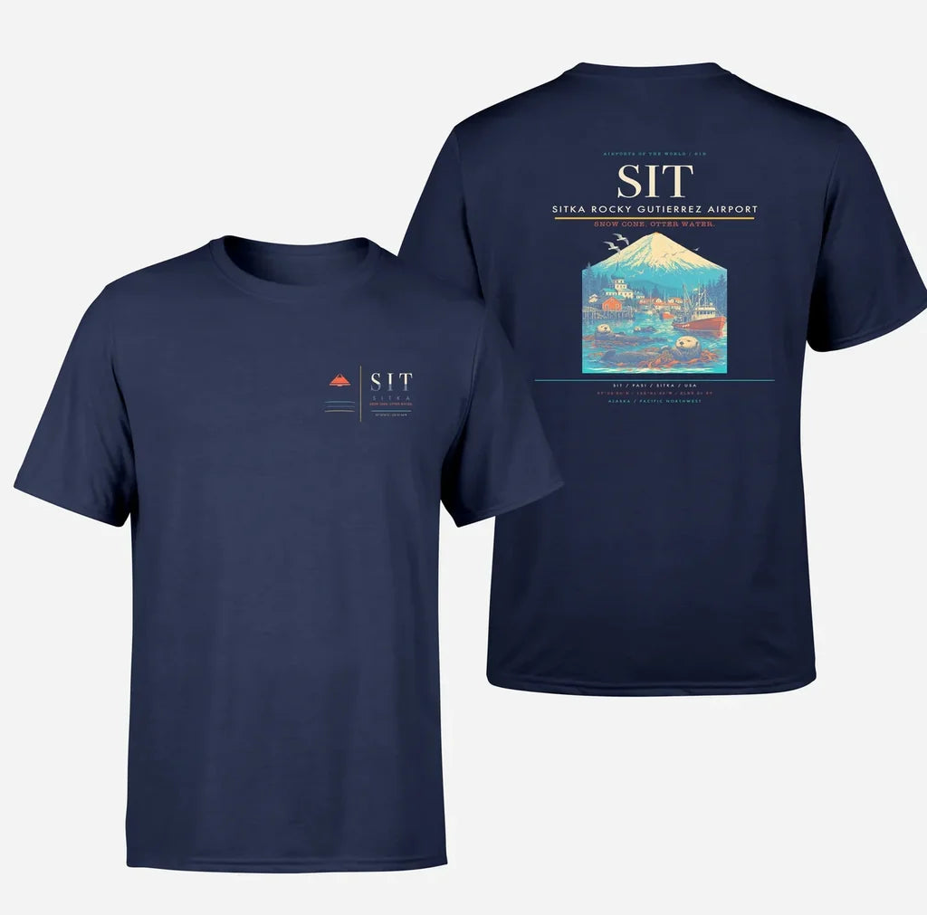 Sitka Rocky Gutierrez Airport (SIT) design printed on navy blue double-side t-shirt