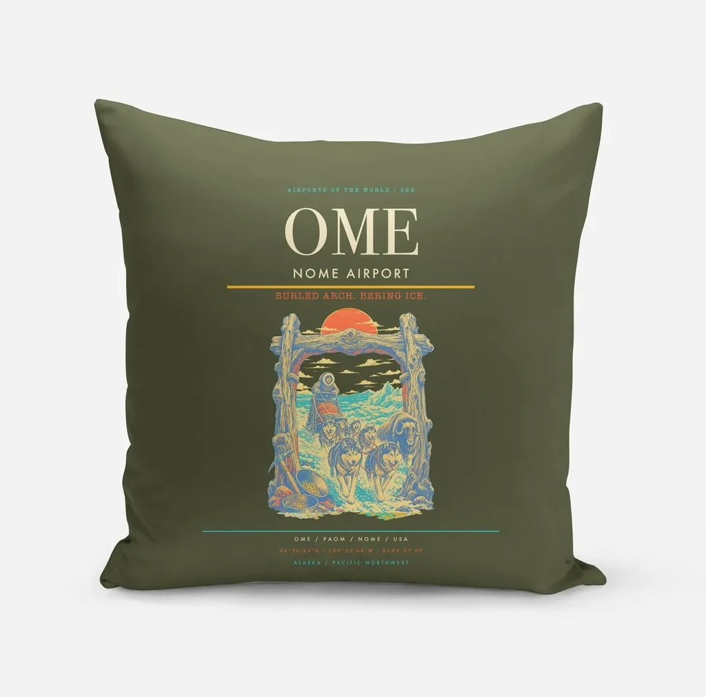 Nome Airport (OME) design on green army pillow