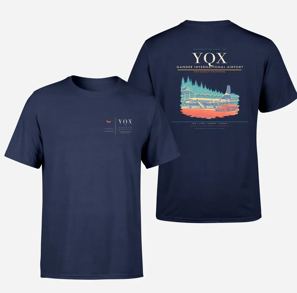 Gander International Airport (YQX) design printed on navy blue double-side t-shirt