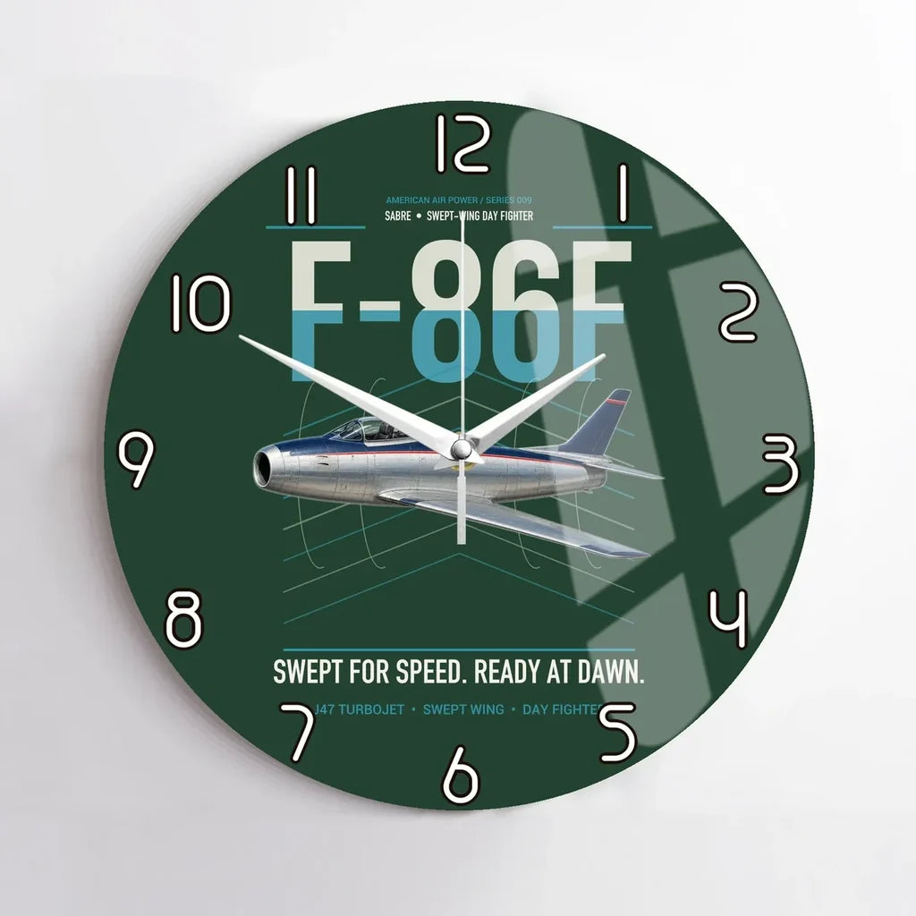 F-86F Sabre design on dark green no frame wall clock