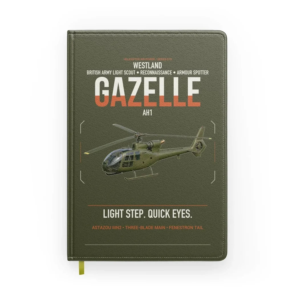 Westland Gazelle AH1 design on green army notebook