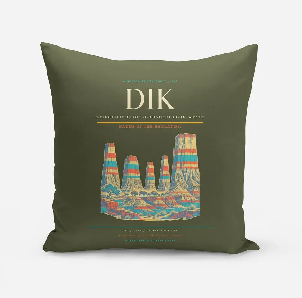 Dickinson Theodore Roosevelt Regional Airport (DIK) design on green army pillow