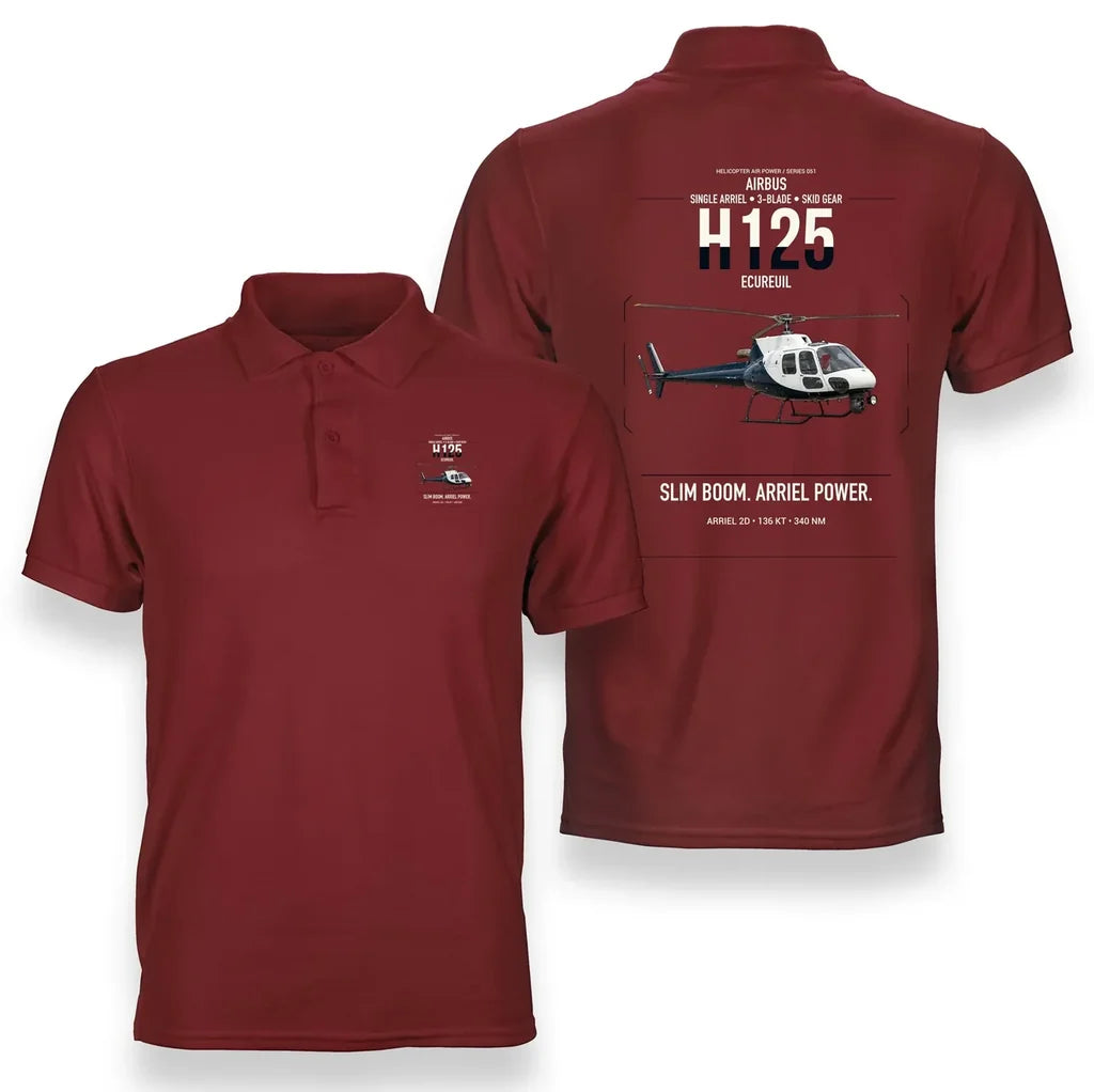 Airbus H125 design on red double-side polo t-shirt, double-side print