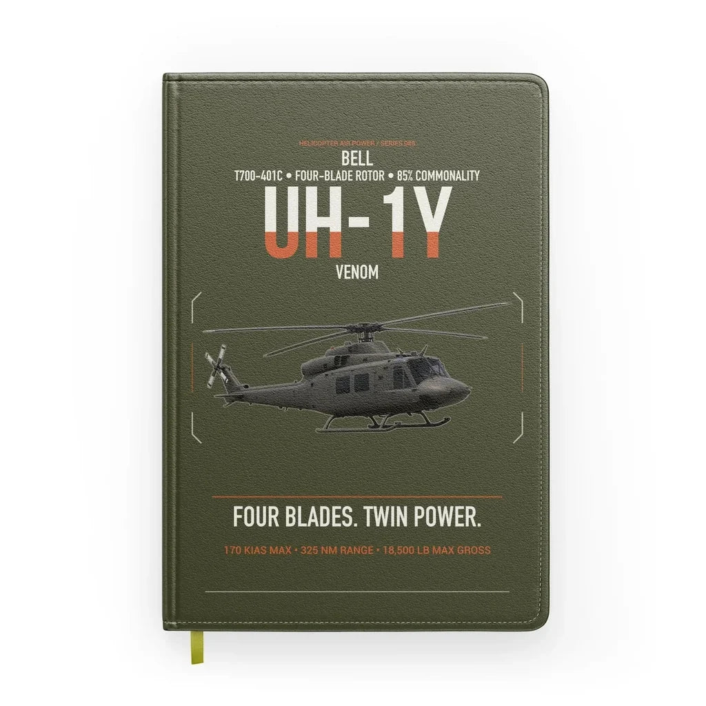 Bell UH-1Y Venom design on green army notebook