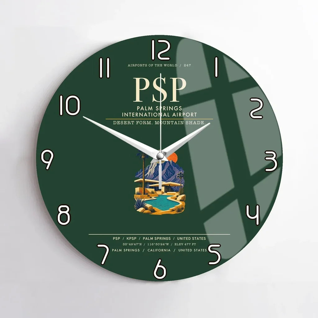 Palm Springs International Airport (PSP) design on dark green no frame wall clock