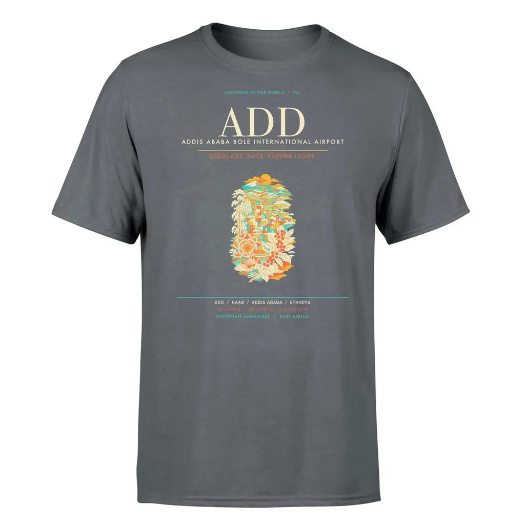 Addis Ababa Airport (ADD) T-Shirt single-side front print in Gray | addis-ababa-add-airport-double-side-t-shirt