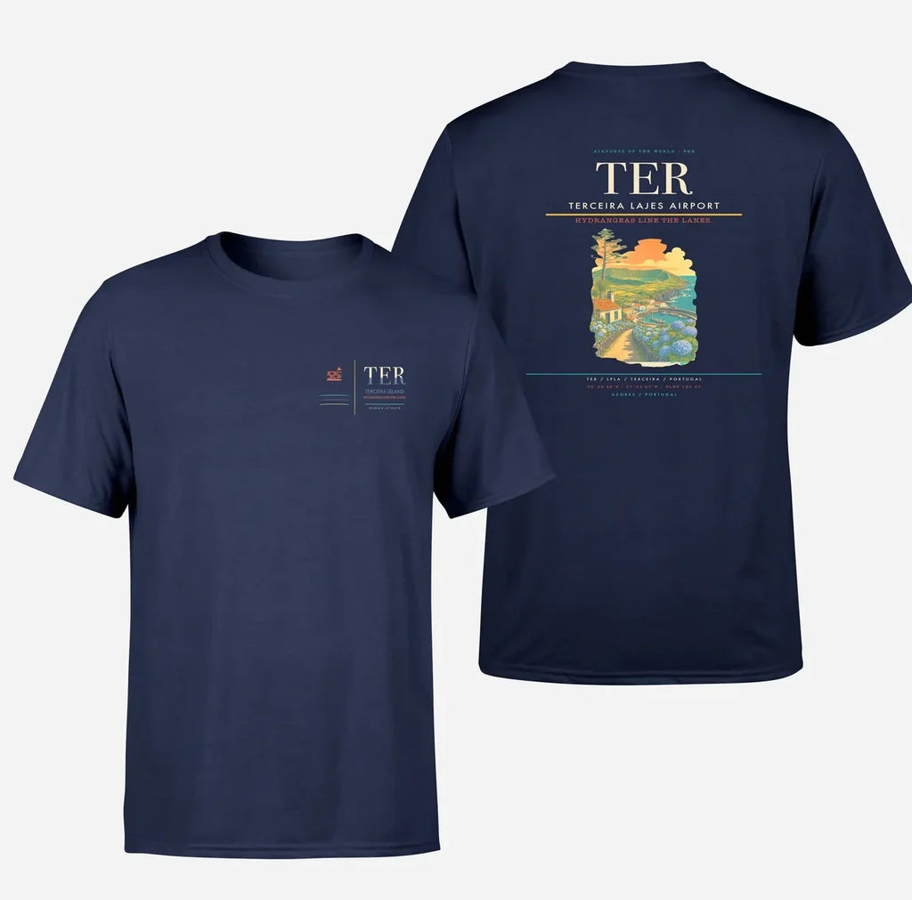 Terceira Lajes Airport (TER) design printed on navy blue double-side t-shirt