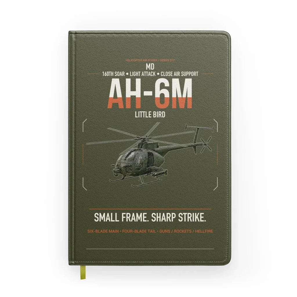 MD AH-6M Little Bird design on green army notebook