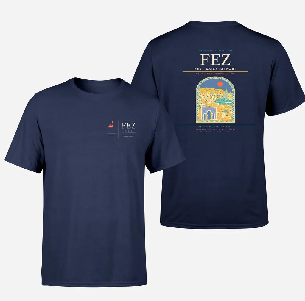 Fes (FEZ) design printed on navy blue double-side t-shirt