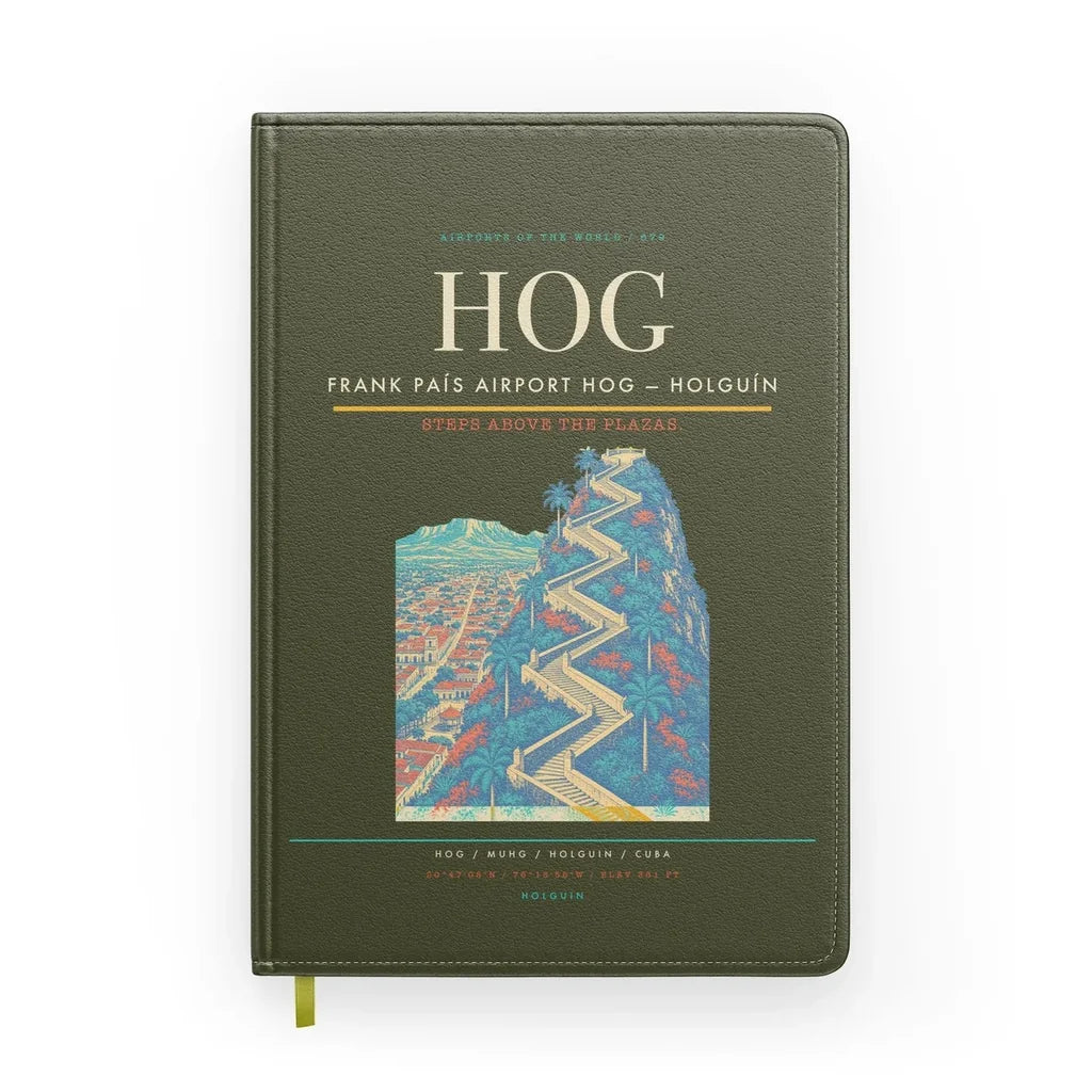 Frank País Airport (HOG) design on green army notebook