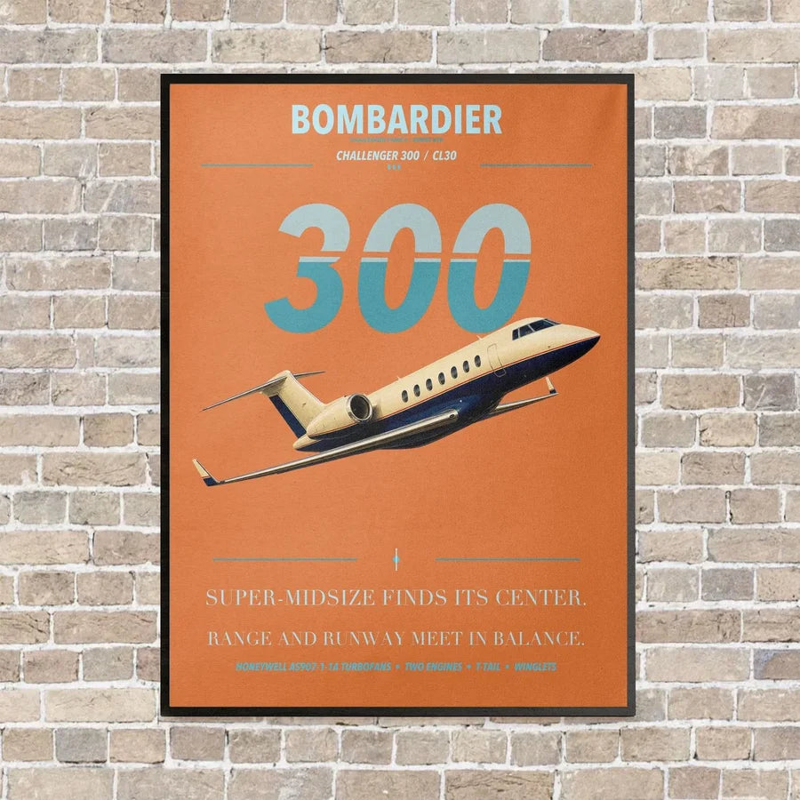 Bombardier Challenger 300 vertical canvas print - framed - orange background