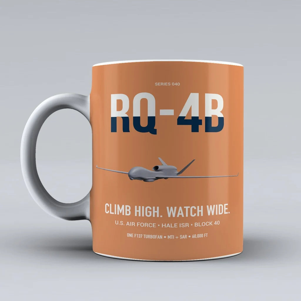 RQ-4B Global Hawk design on orange ceramic mug, double-side print