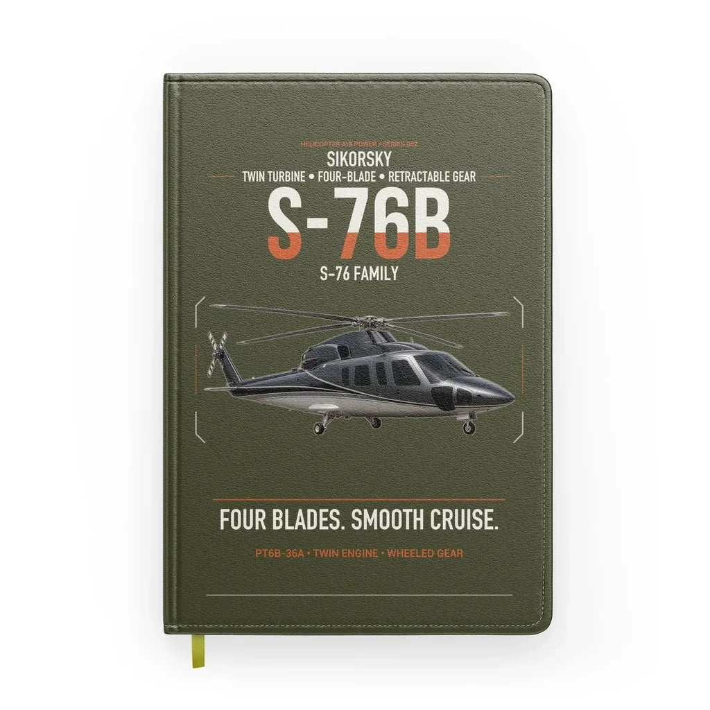 Sikorsky S-76B design on green army notebook
