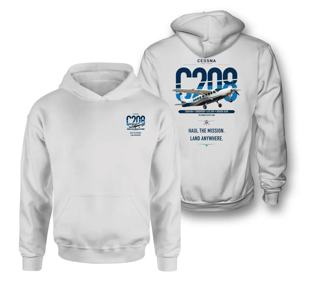 Cessna 208 Caravan design on white double-side hoodie, double-side print