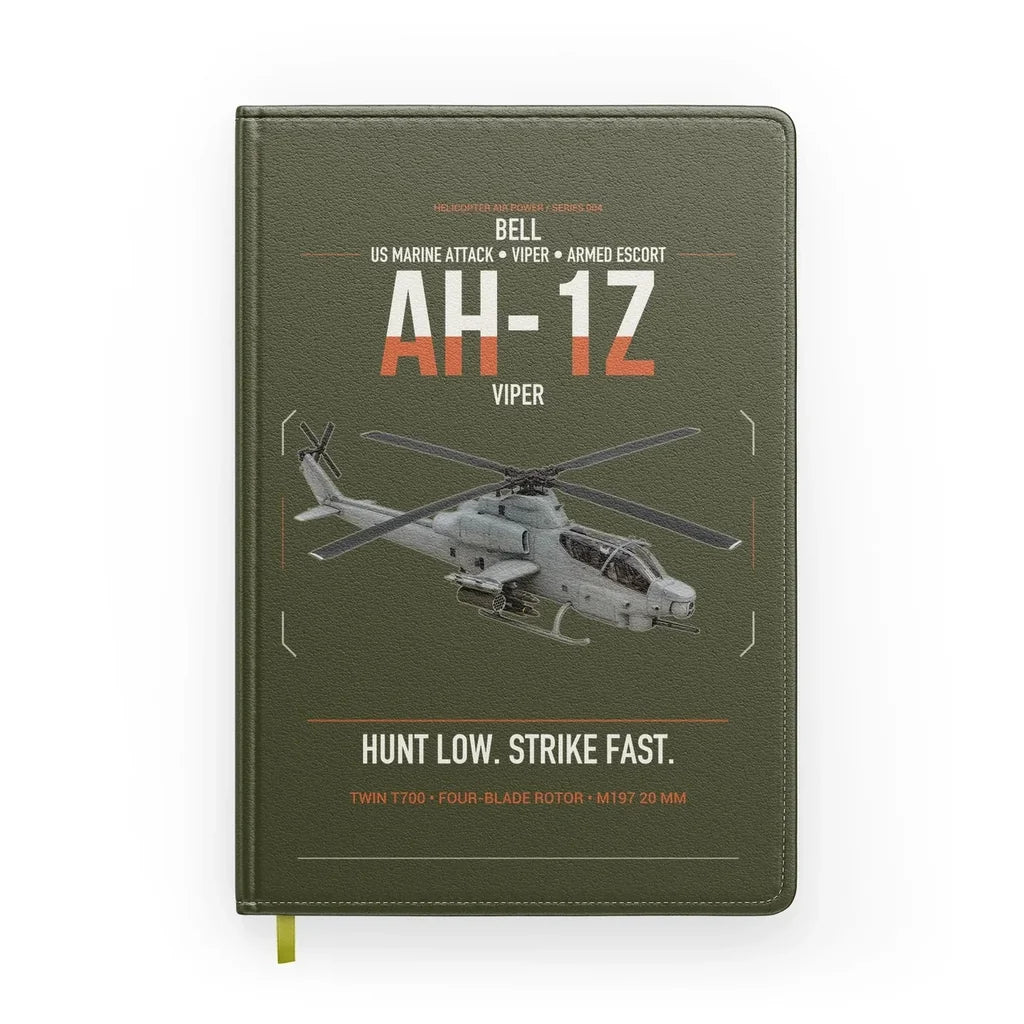 Bell AH-1Z Viper design on green army notebook