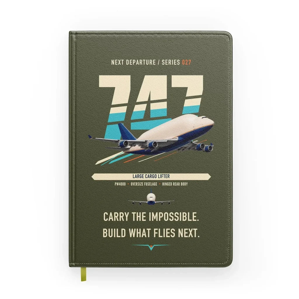 Boeing 747-400 Dreamlifter design on green army notebook