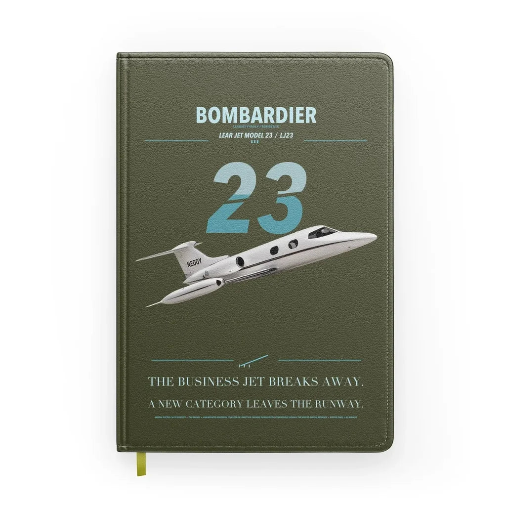 Bombardier Learjet 23 design on green army notebook