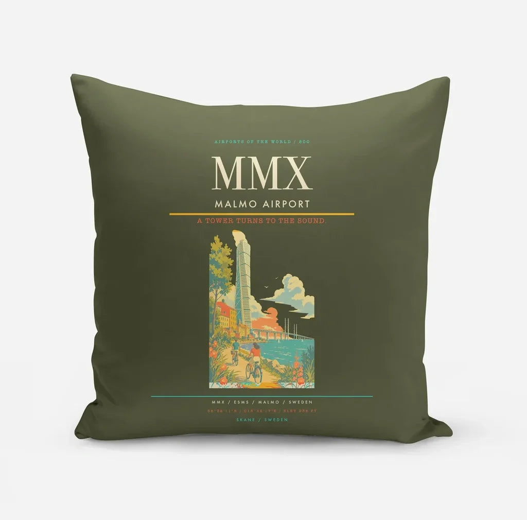 Malmo Airport (MMX) design on green army pillow