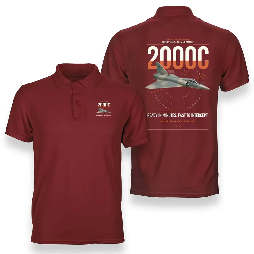 Dassault Mirage 2000C RDI design on red double-side polo t-shirt, double-side print