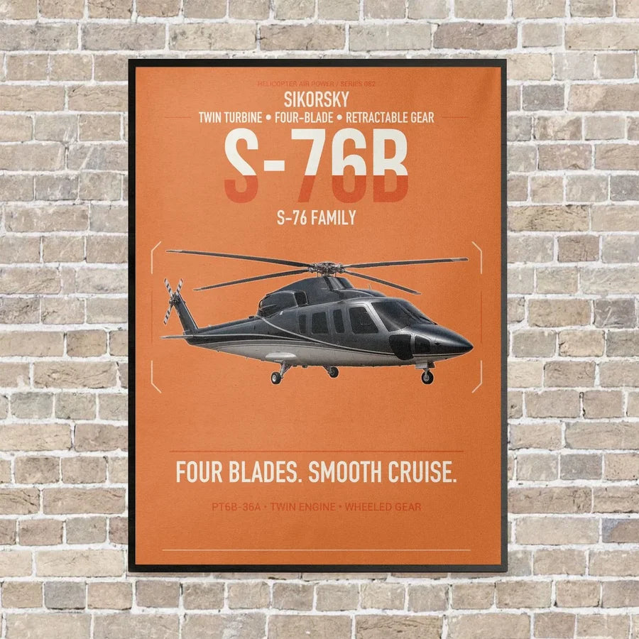 Sikorsky S-76B vertical canvas print - framed - orange background