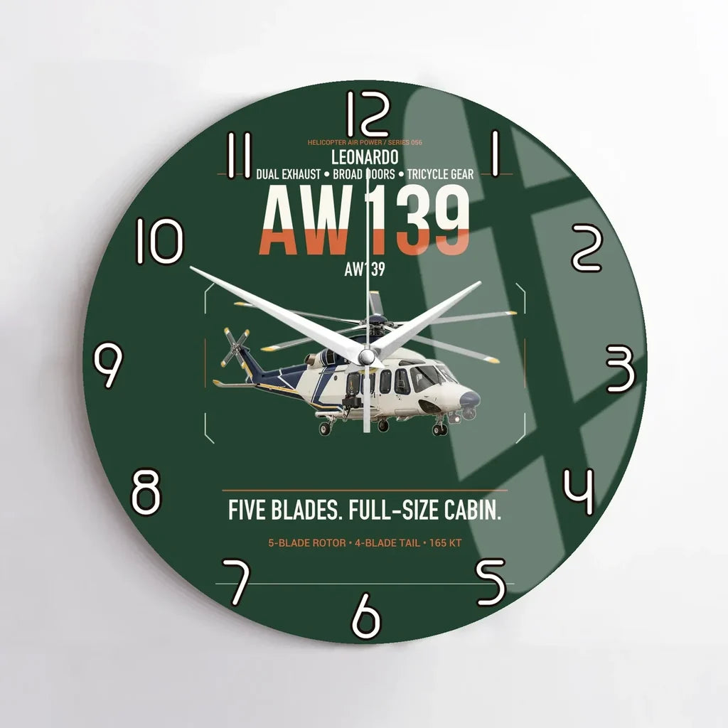 Leonardo AW139 design on dark green no frame wall clock