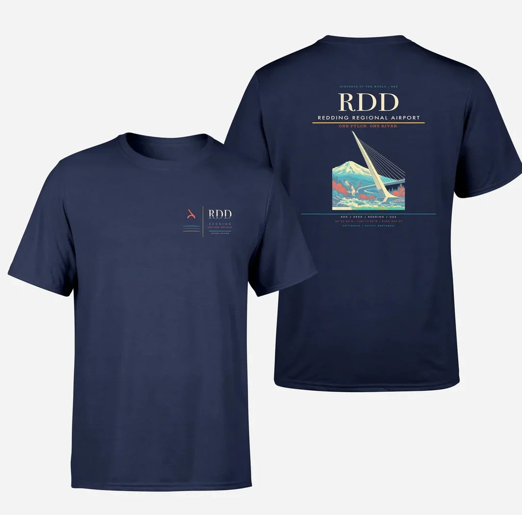 Redding Regional Airport (RDD) design printed on navy blue double-side t-shirt