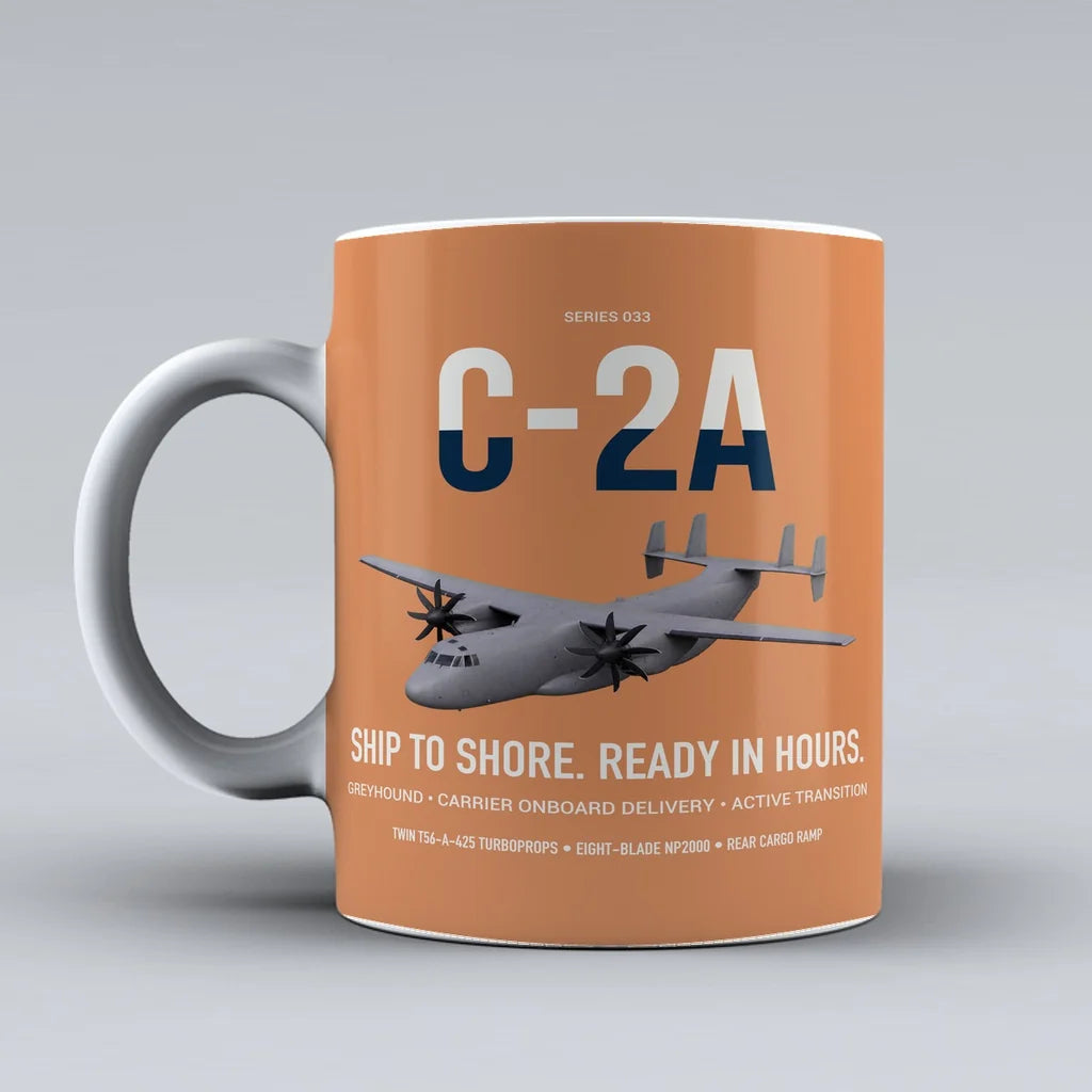 C-2A Greyhound design on orange ceramic mug, double-side print