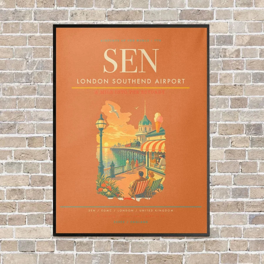 London Southend Airport SEN vertical canvas print - framed - orange background