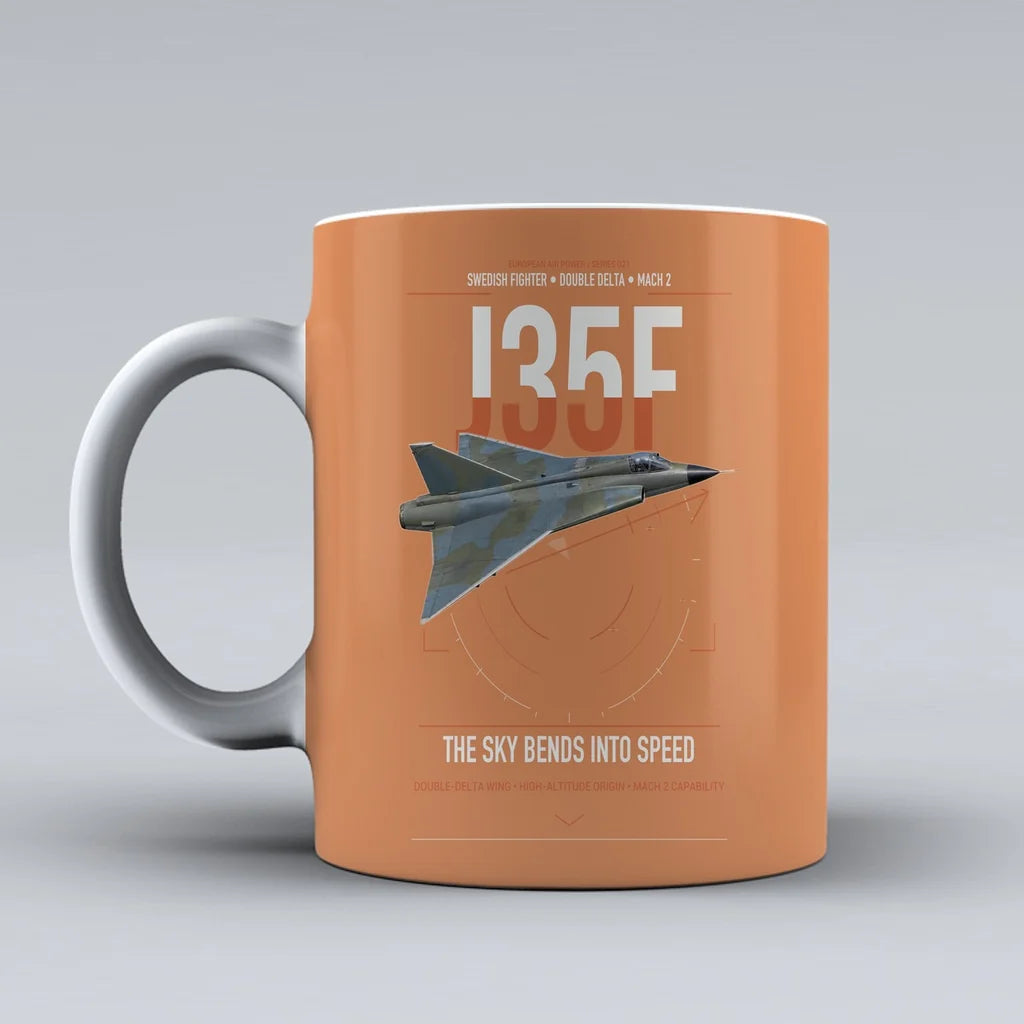 Saab J 35F Draken design on orange ceramic mug, double-side print