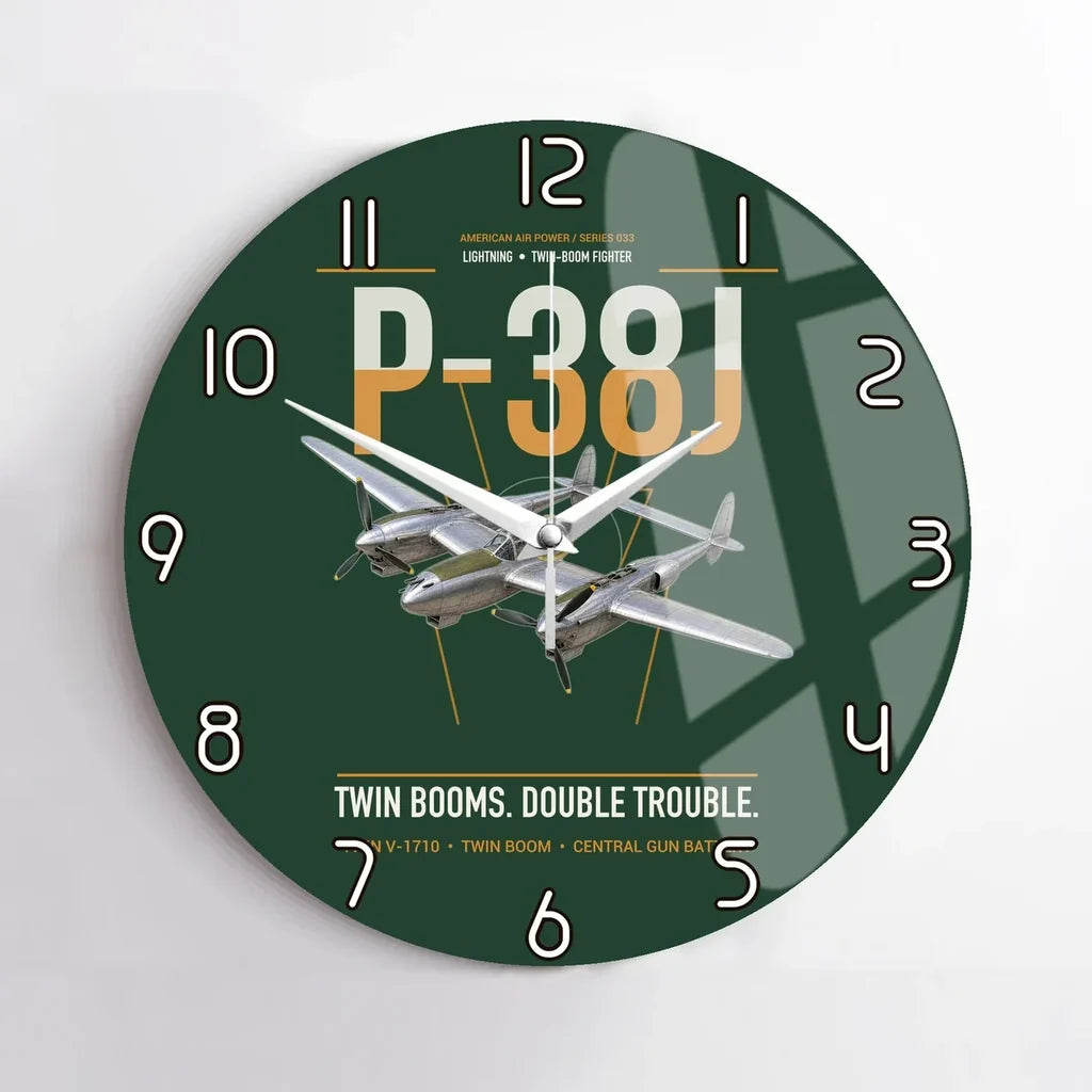 P-38J Lightning design on dark green no frame wall clock