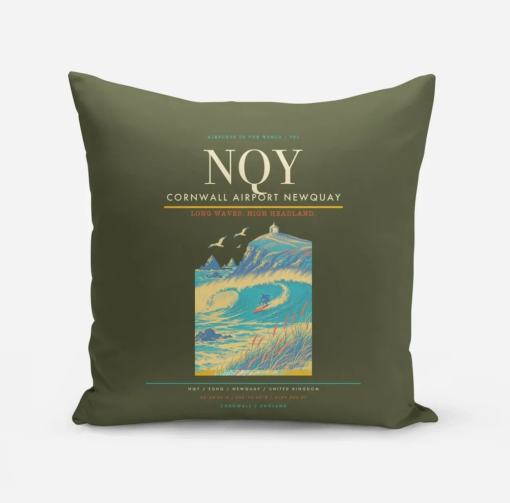 Cornwall Airport Newquay (NQY) design on green army pillow