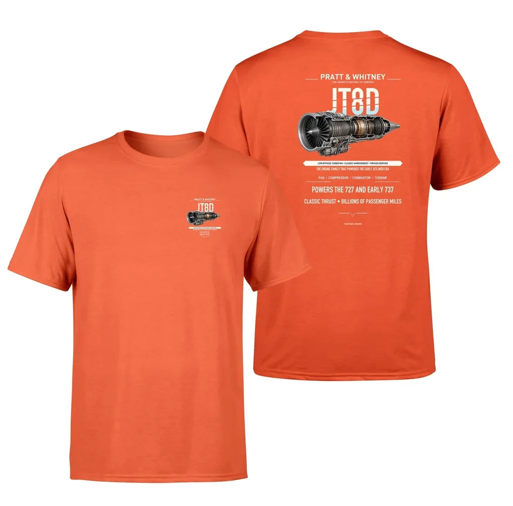 JT8D design on orange t shirt