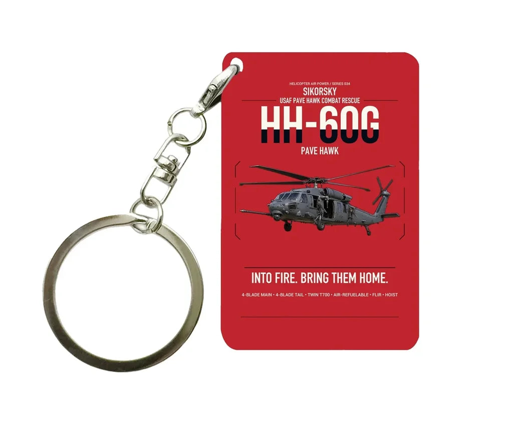 Sikorsky HH-60G Pave Hawk design on red designed key chain, double-side print