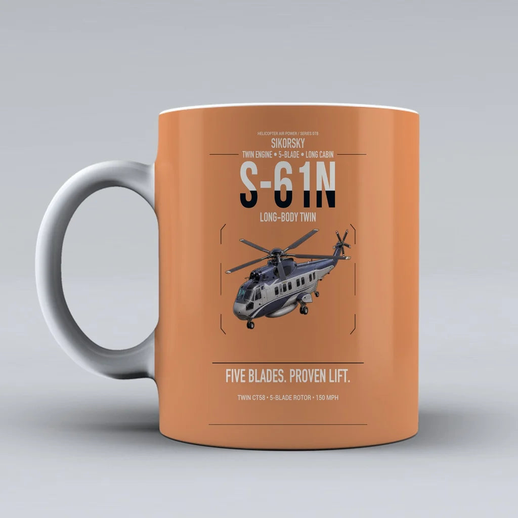 Sikorsky S-61N design on orange ceramic mug, double-side print