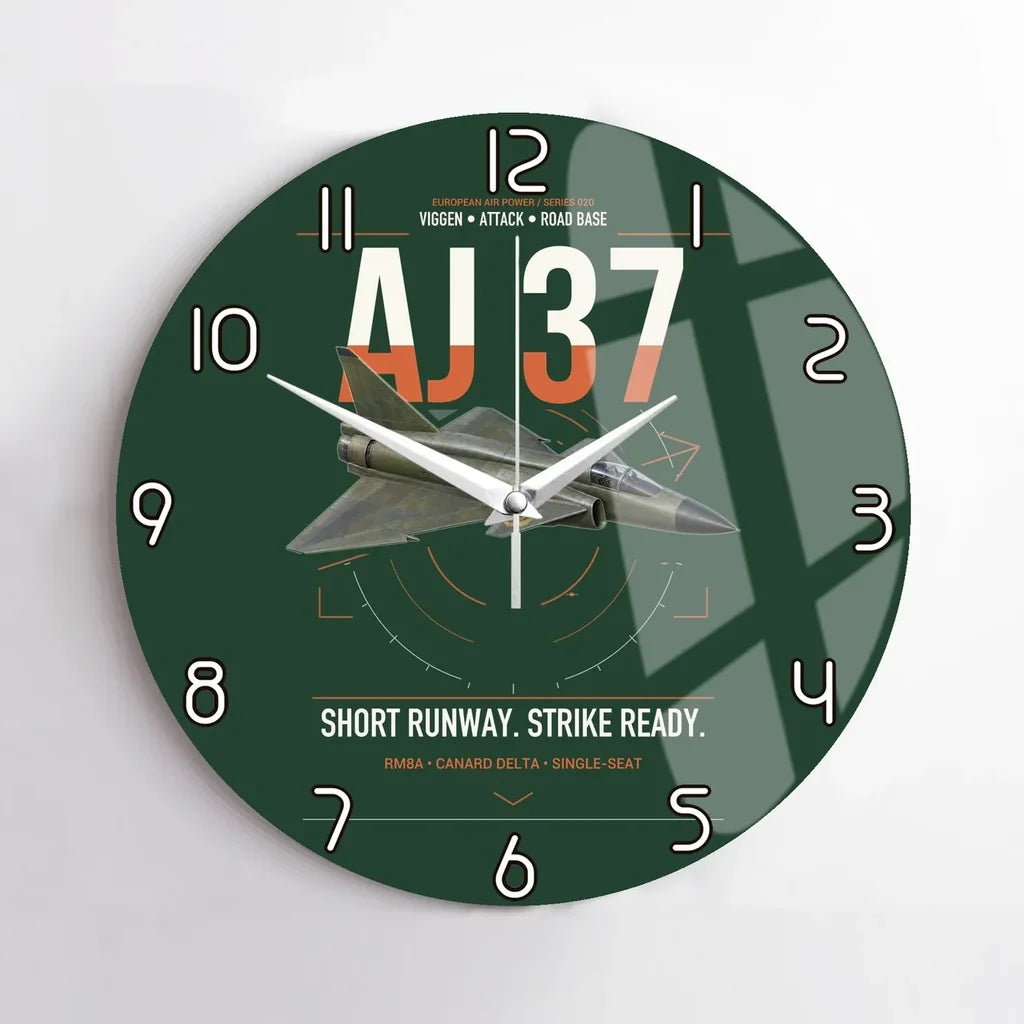 Saab AJ 37 Viggen design on dark green no frame wall clock