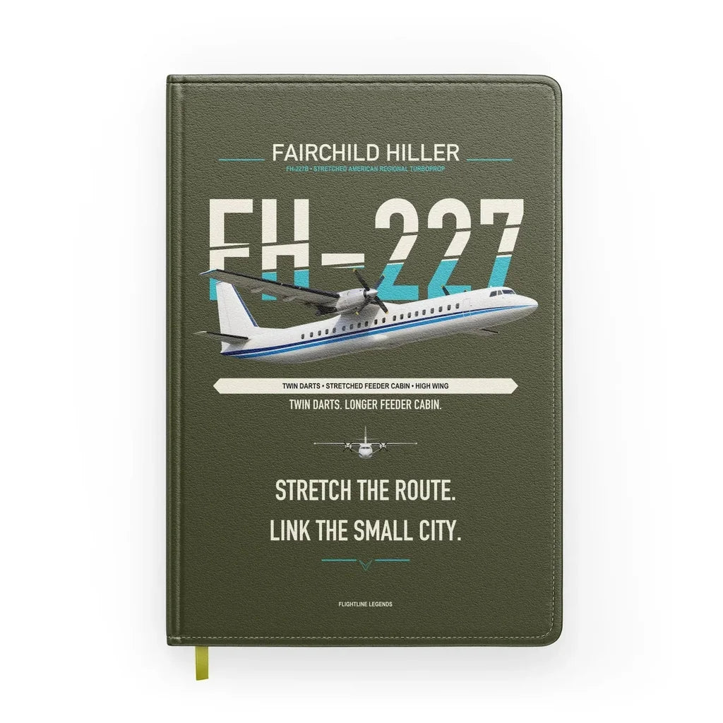 Fairchild Hiller FH-227B design on green army notebook