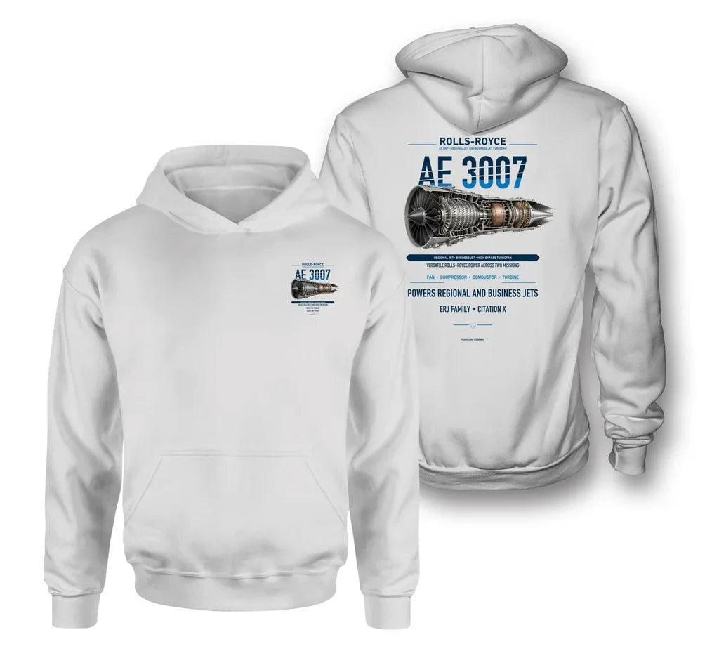 AE 3007 design on white hoodie
