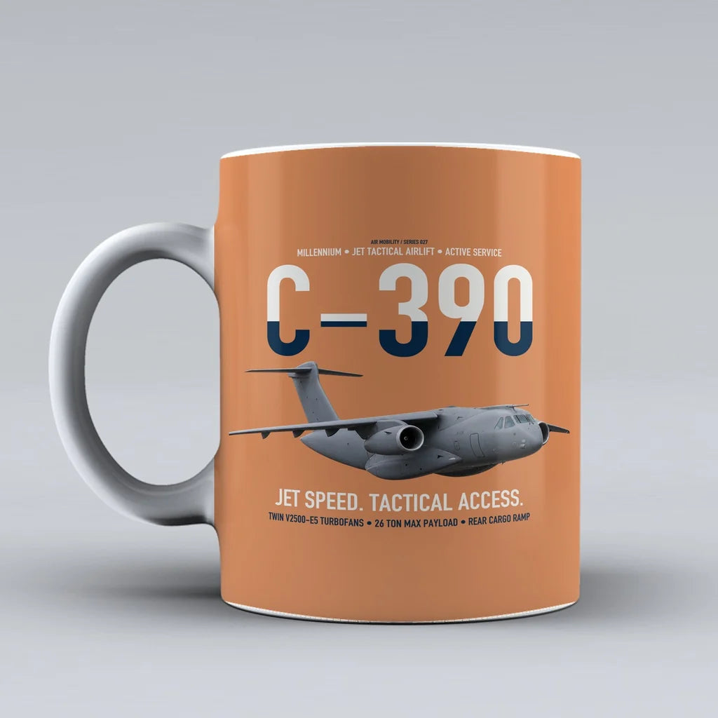 C-390 Millennium design on orange ceramic mug, double-side print