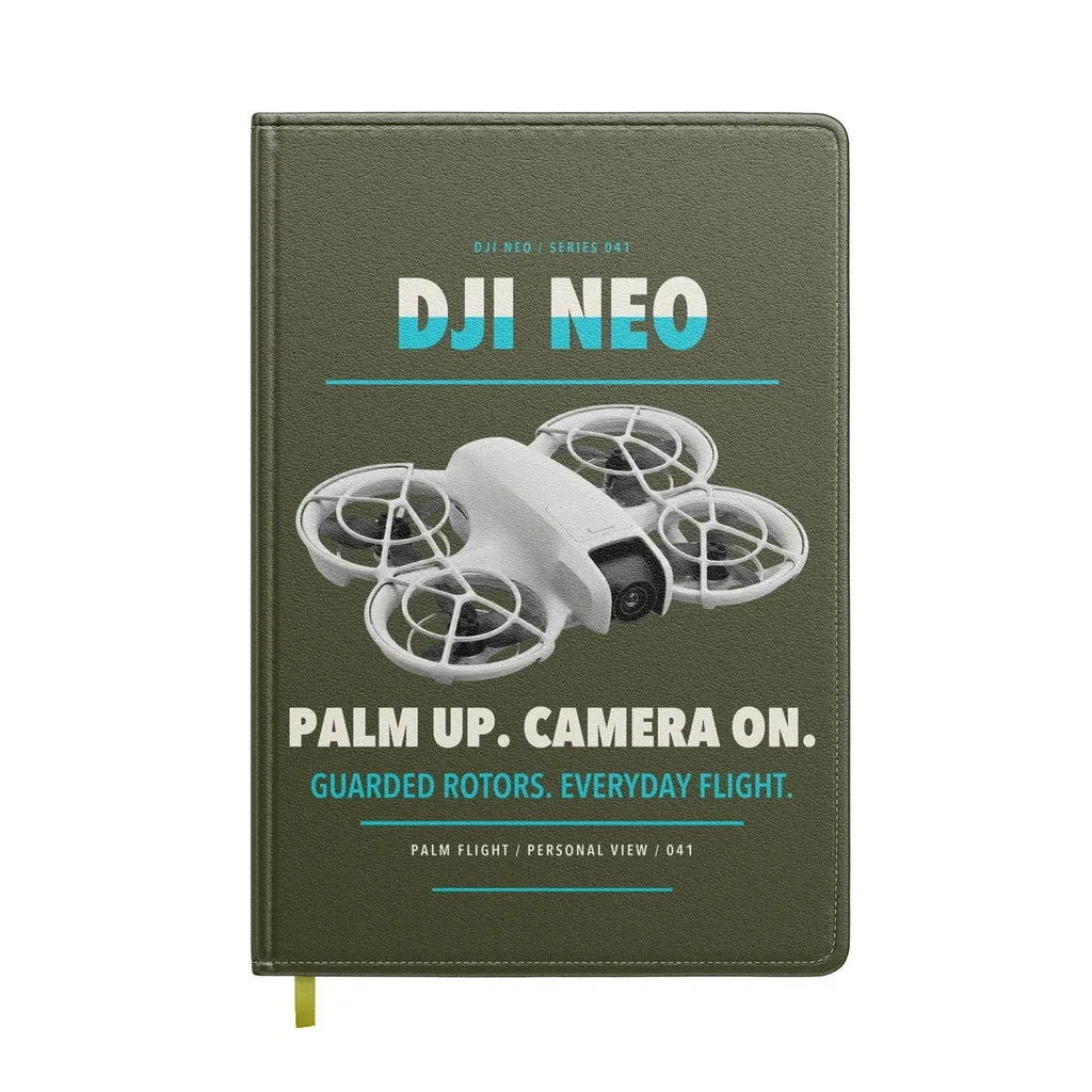 DJI Neo design on green army notebook